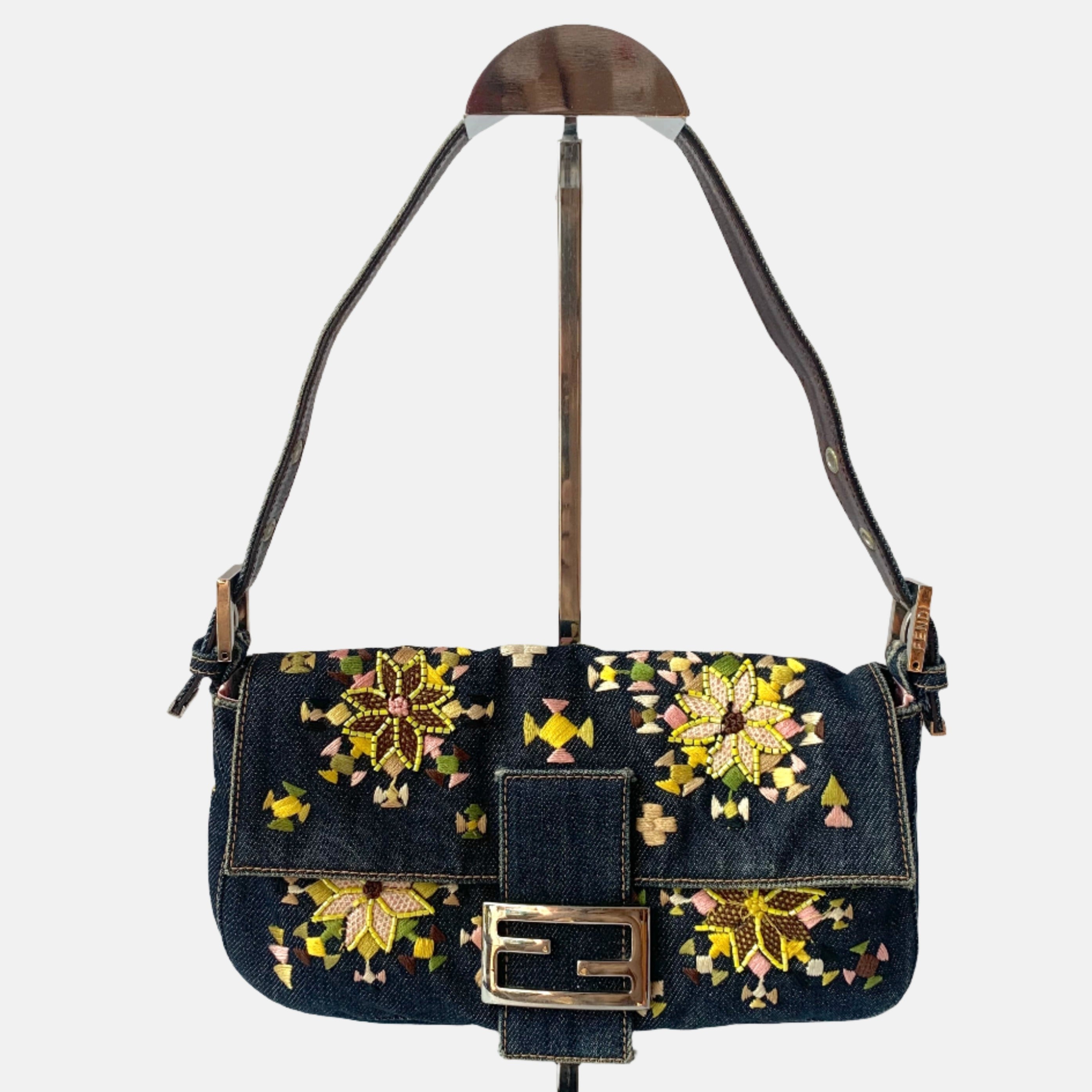 Fendi Baguette Denim with Floral Embroidery