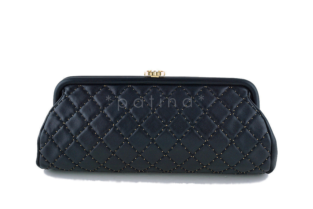 Chanel Limited Black Timeless Quilted Kisslock Gold Studded Clutch Bag