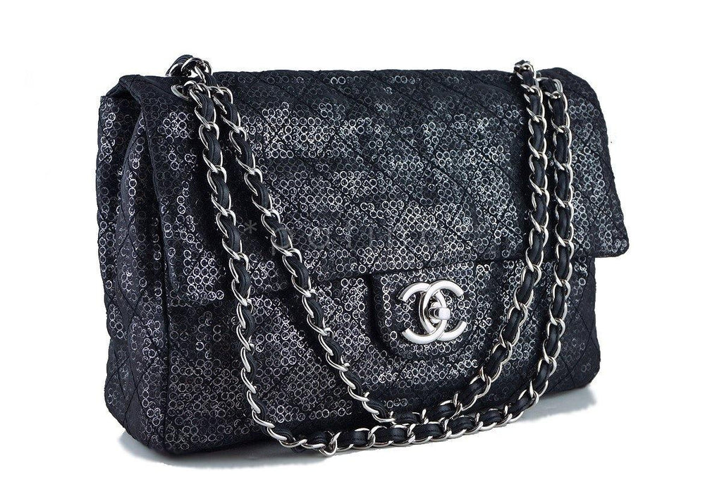 Chanel Black 13in. Maxi Quilted Sequin Classic 2.55 Jumbo XL Flap Bag