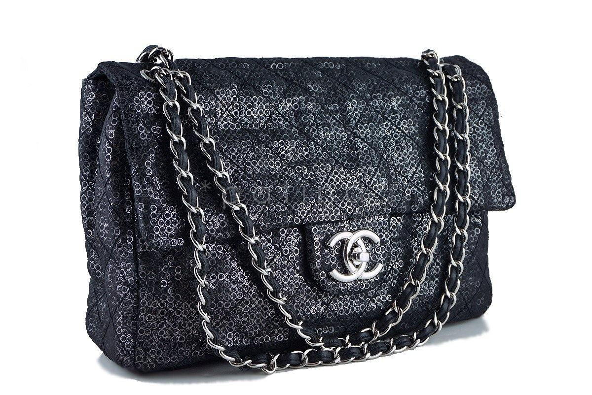 Chanel Black 13in. Maxi Quilted Sequin Classic 2.55 Jumbo XL Flap Bag