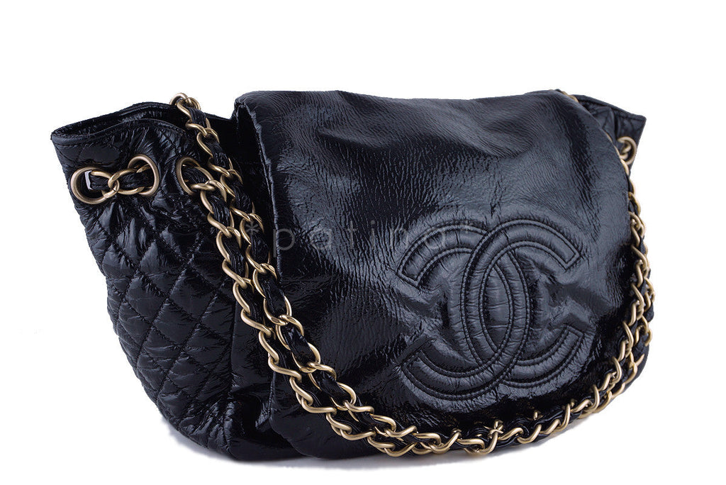 Chanel Black Jumbo Patent Rock & Chain Flap Bag