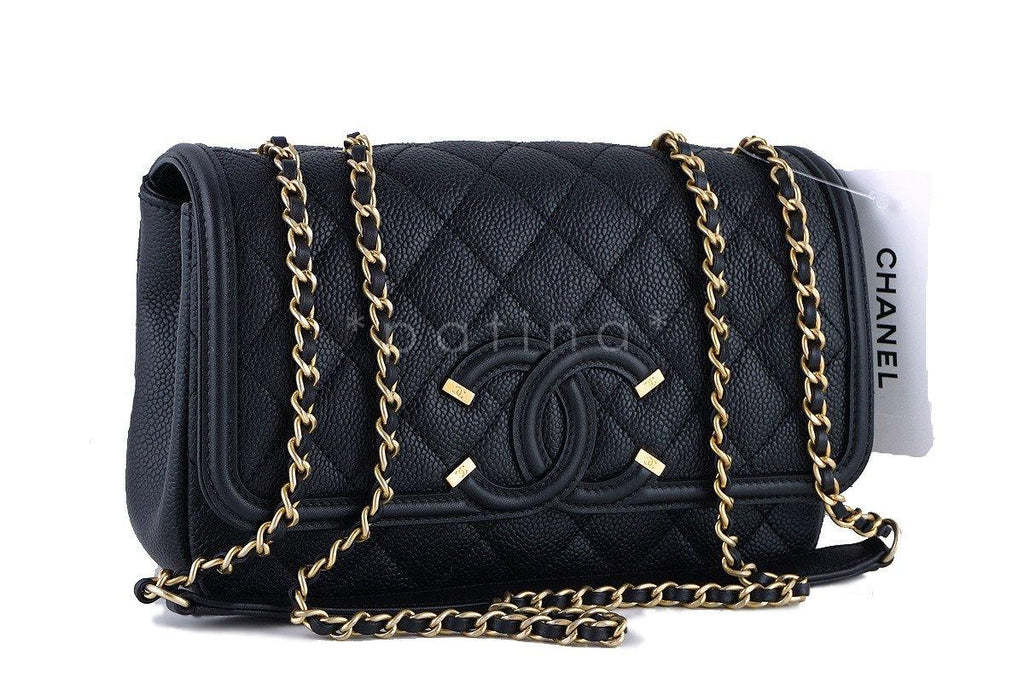 NWT 16S Chanel Black Limited Caviar Filigree Logo Flap Crossbody Bag