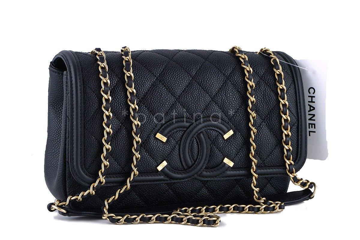 NWT 16S Chanel Black Limited Caviar Filigree Logo Flap Crossbody Bag
