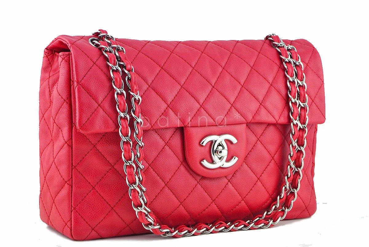 Chanel Caviar Fuchsia Pink-Red 13in. Maxi Quilted Classic 2.55 Jumbo Flap Bag