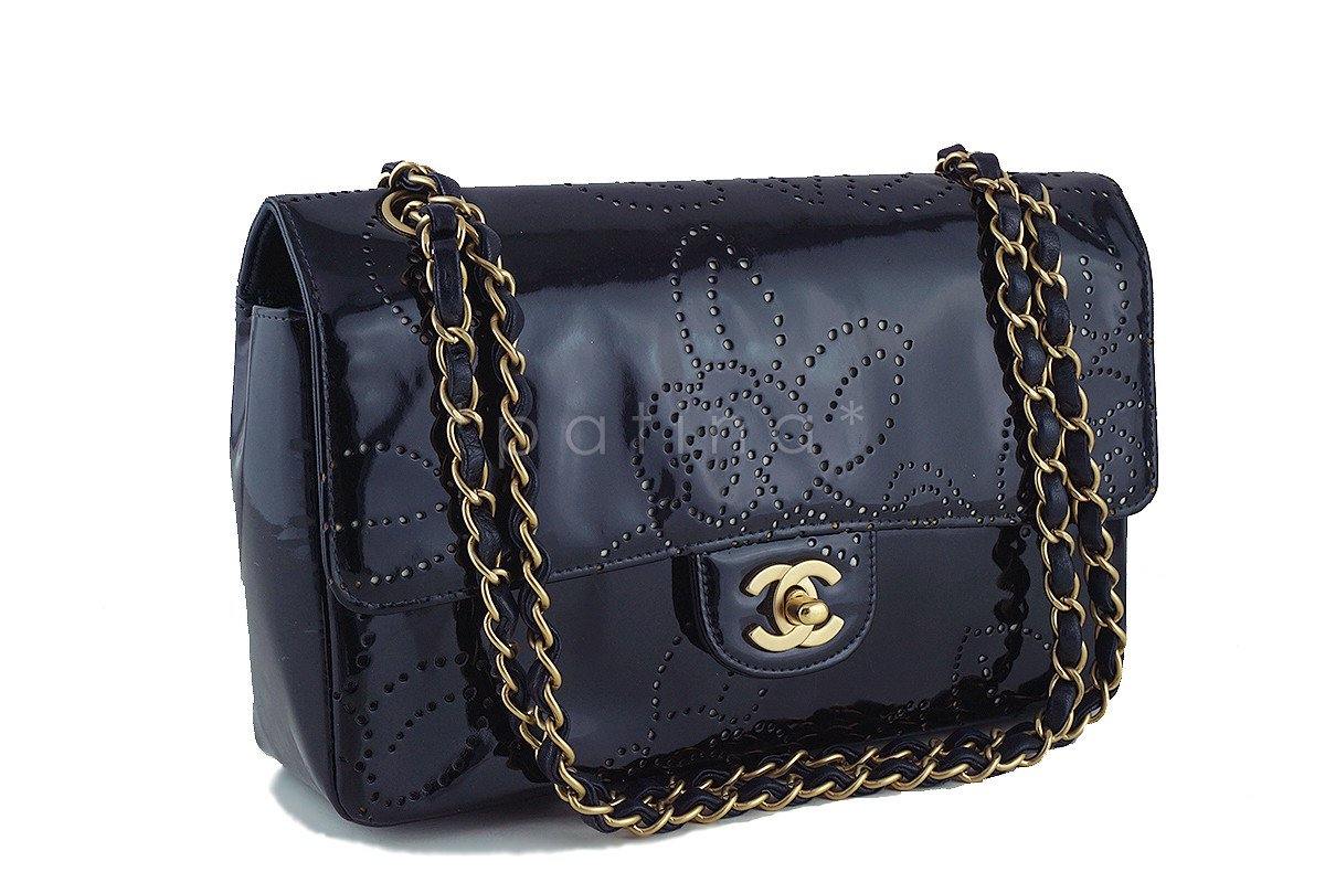 Chanel Black Patent Camelia Pattern Classic 2.55 Flap Bag