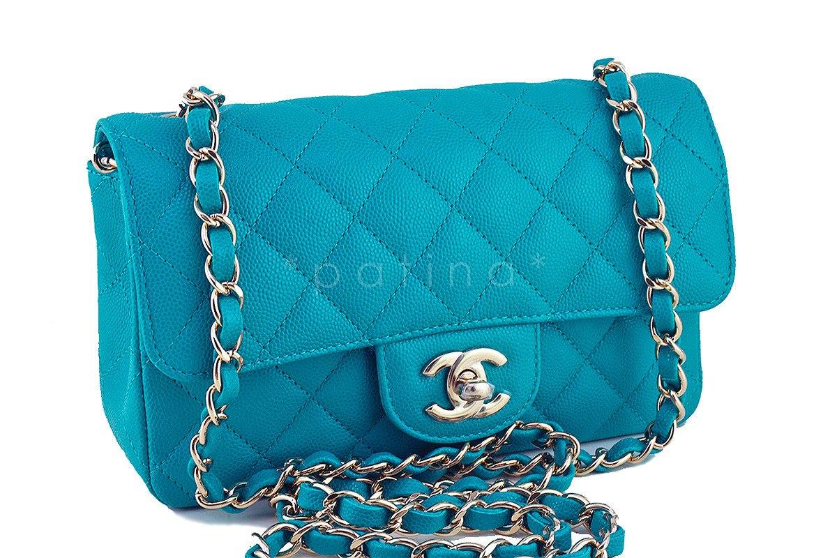 NWT 17C Chanel Turquoise Blue Caviar Classic Mini 2.55 Flap Bag