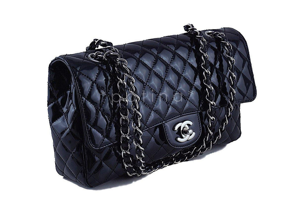 Chanel Black Glossy Patent Quilted Classic Label Flap Bag