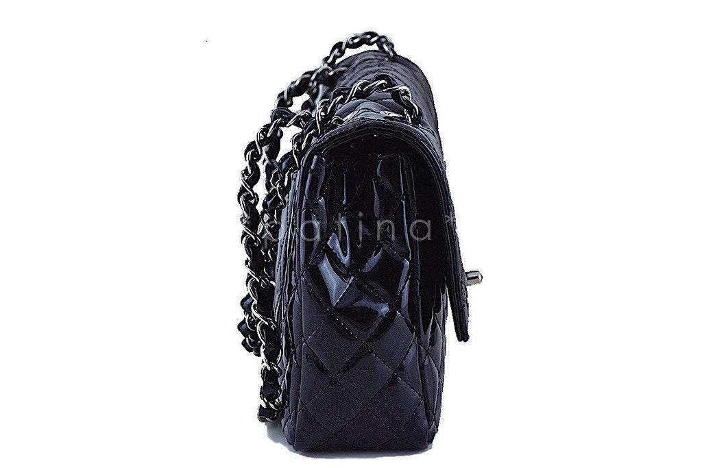 Chanel Black Glossy Patent Quilted Classic Label Flap Bag