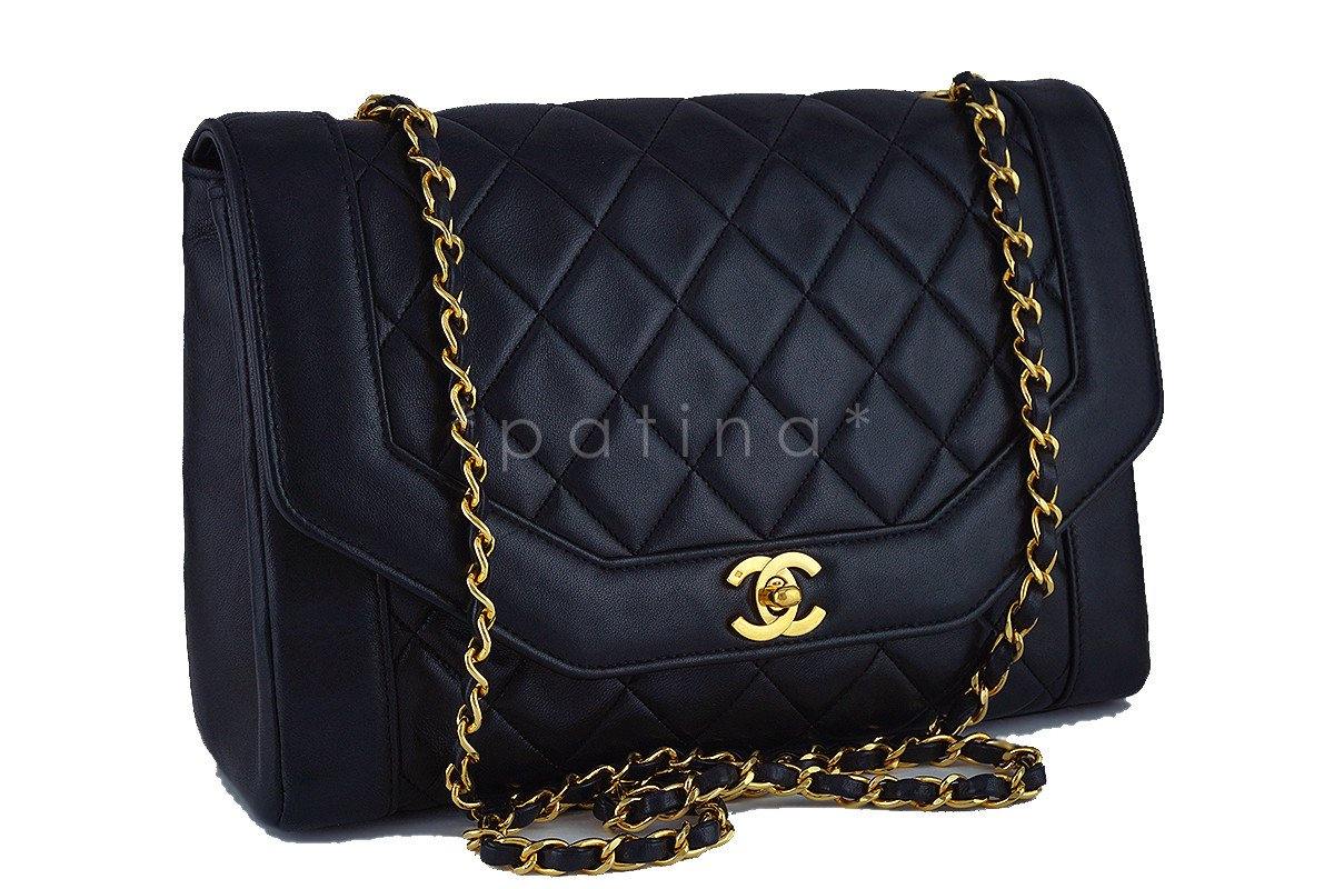 Chanel 11in. Black Vintage Quilted Classic Angled "Diana" Flap Bag