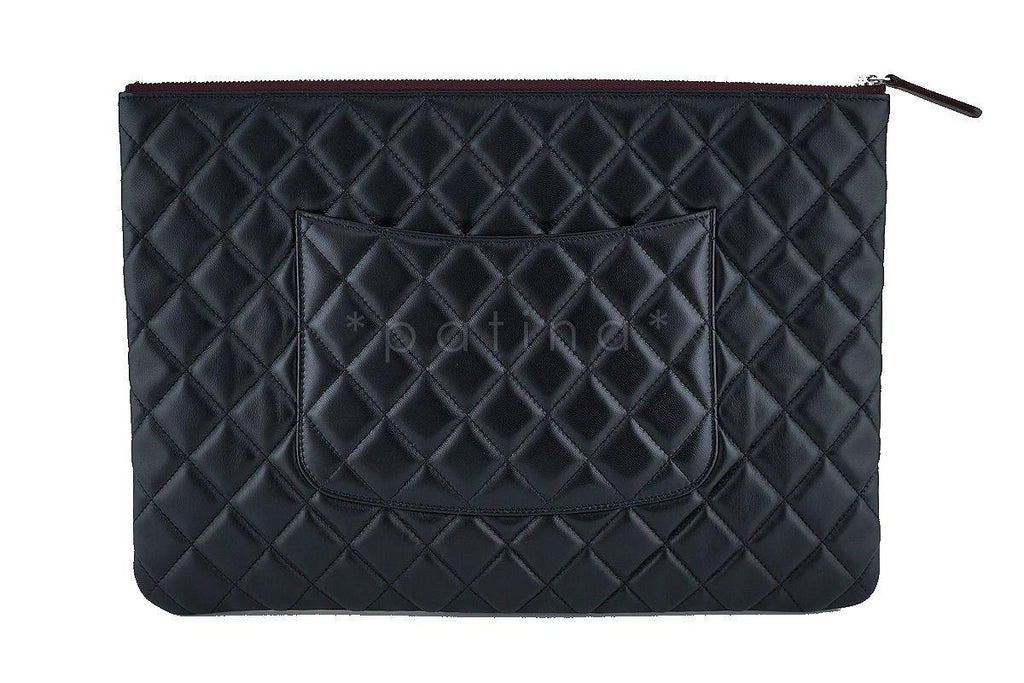 NWT 17S Chanel Large Black Lambskin Classic Quilted O Case Clutch Purse Bag