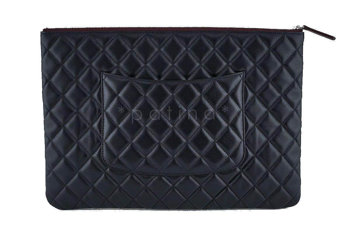 NWT 17S Chanel Large Black Lambskin Classic Quilted O Case Clutch Purse Bag