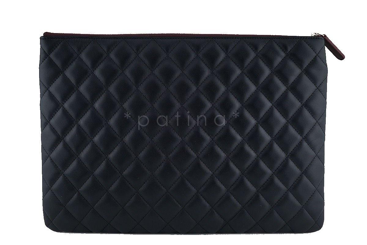 NWT Chanel Black Classic Quilted Large O Case Flap Clutch Purse Bag GHW