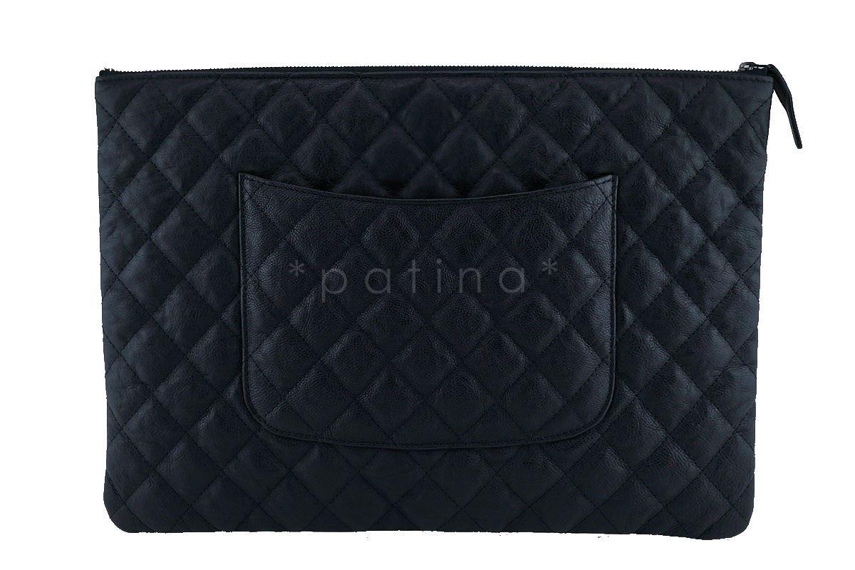 Chanel So Black Large Classic Quilted O Case Clutch Purse Bag