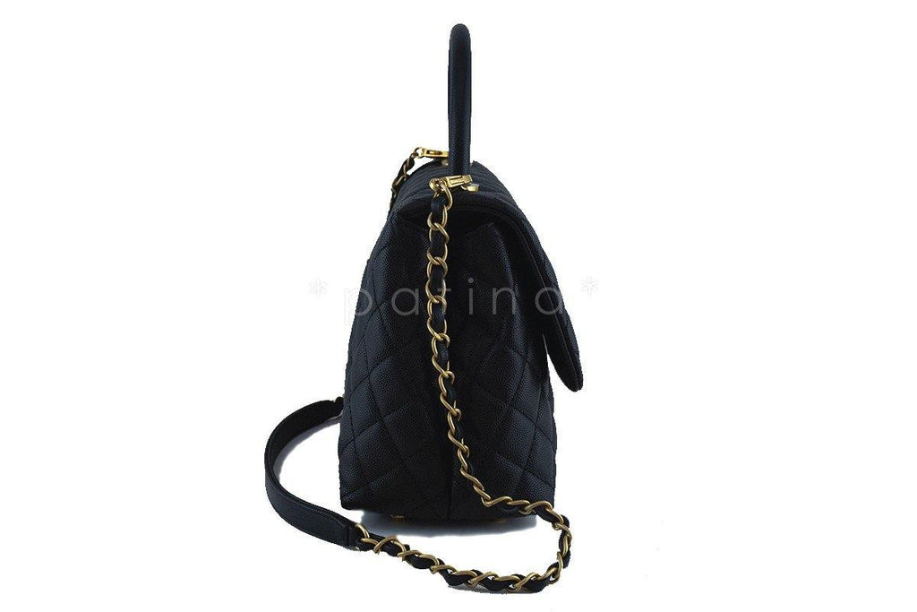 NWT 17S Chanel Black Caviar Coco Handle Shoulder Flap Kelly 2-Way Tote Bag