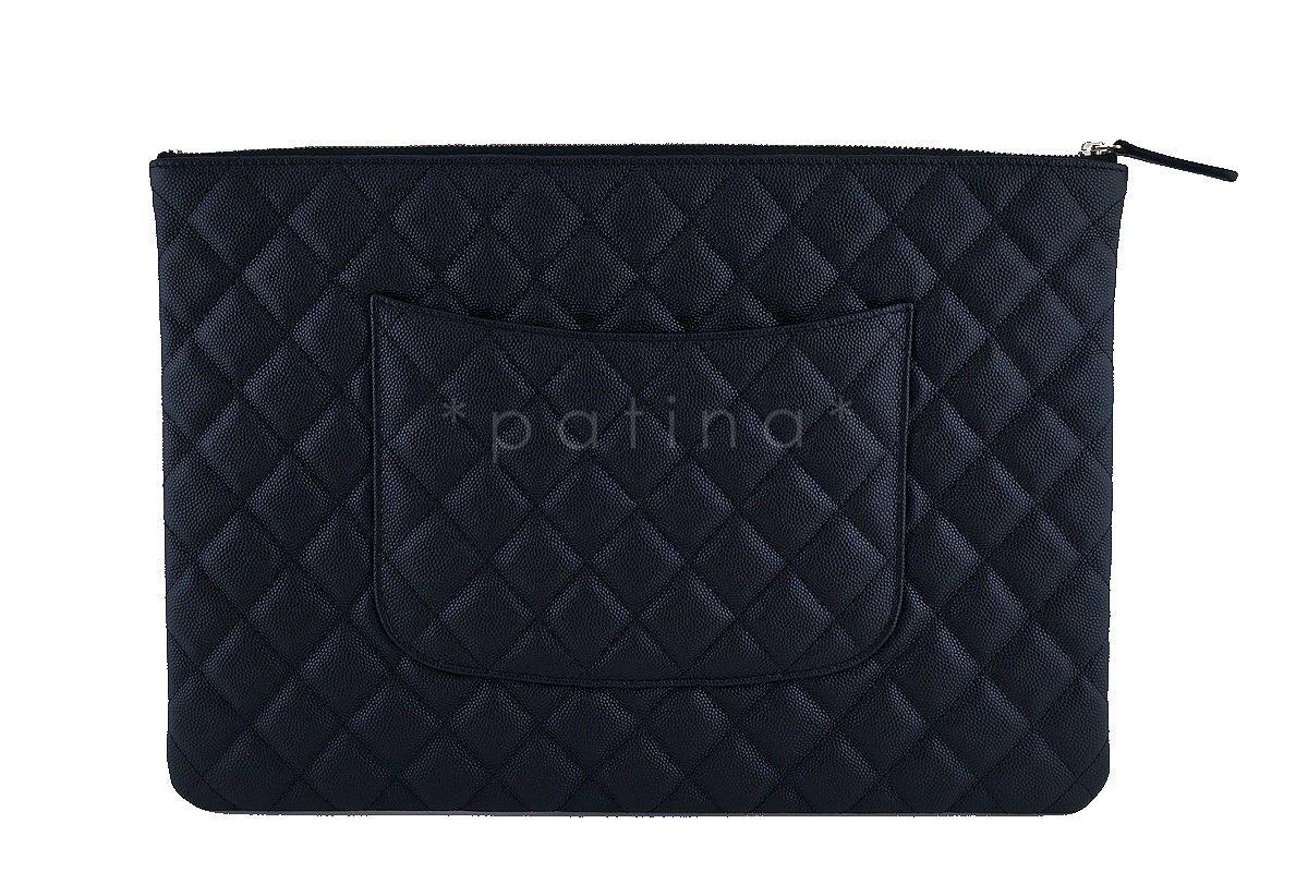 NIB Chanel Black Caviar Classic Quilted Large O Case Clutch Purse Bag GHW