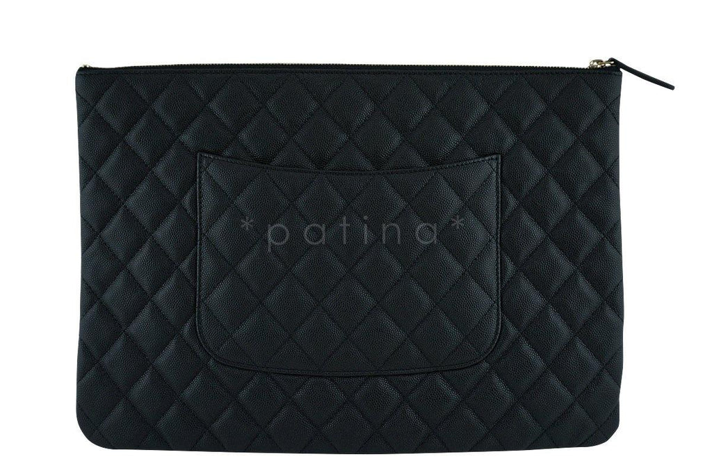17S Chanel Black Caviar Classic Quilted O Case Clutch Purse Bag Large GHW