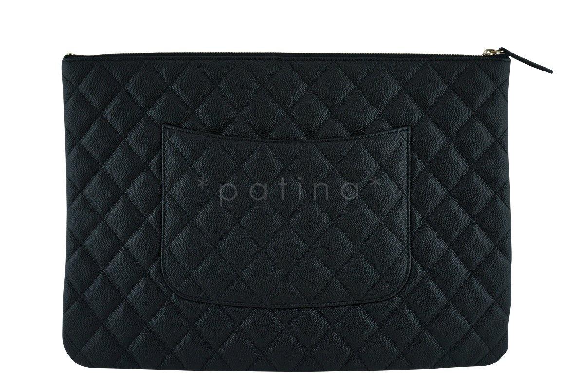 17S Chanel Black Caviar Classic Quilted O Case Clutch Purse Bag Large GHW