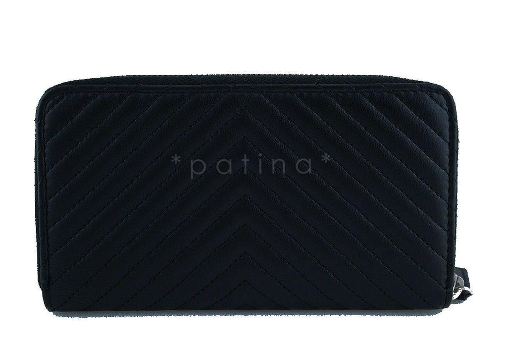 NIB Chanel Black Chevron Compact Zip Around Small Card Wallet Case