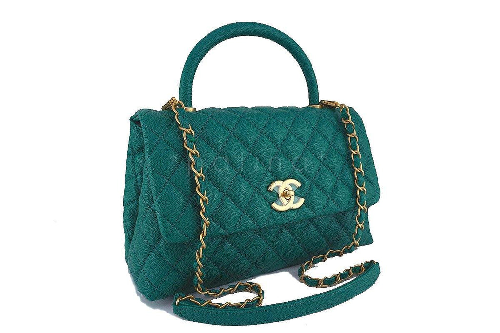 NWT 17S Chanel Emerald Green Caviar Coco Handle Shoulder Flap Kelly Tote Bag GHW