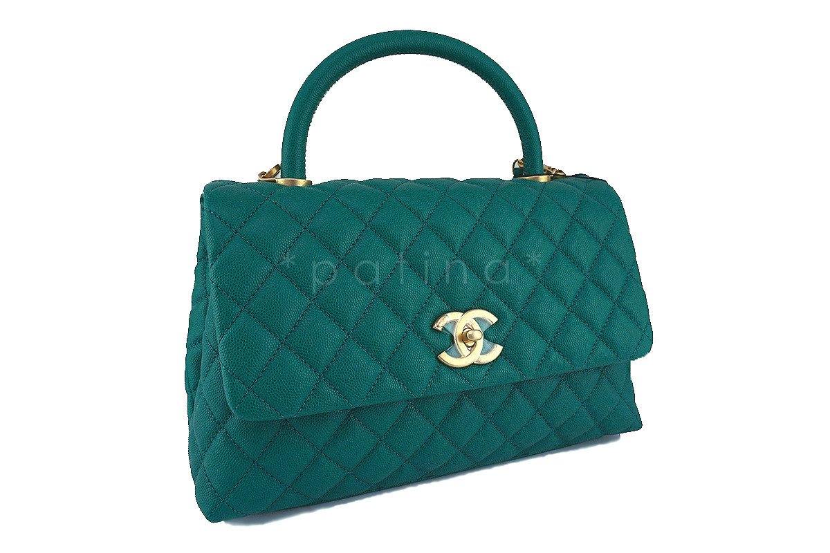 NWT 17S Chanel Emerald Green Caviar Coco Handle Shoulder Flap Kelly Tote Bag GHW