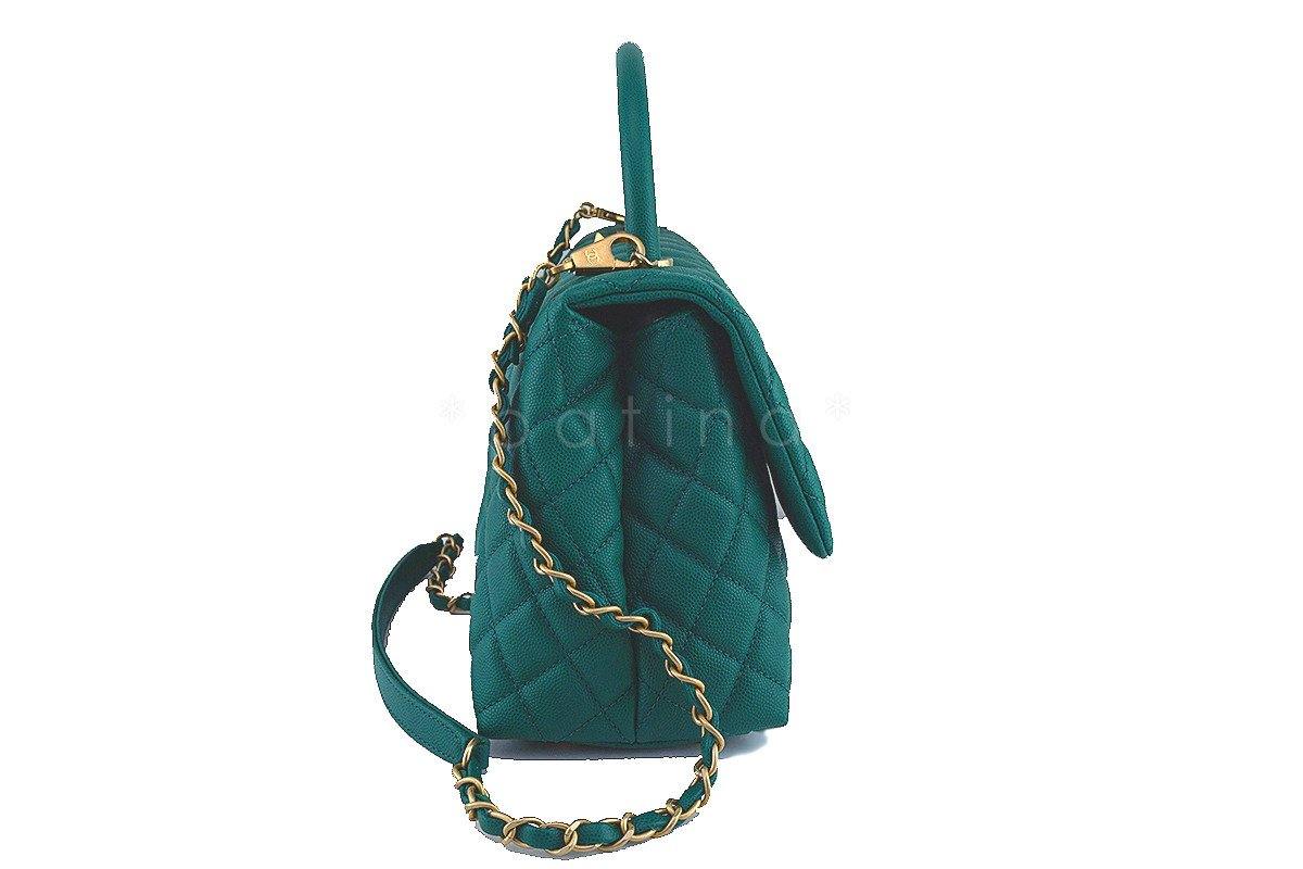 NWT 17S Chanel Emerald Green Caviar Coco Handle Shoulder Flap Kelly Tote Bag GHW