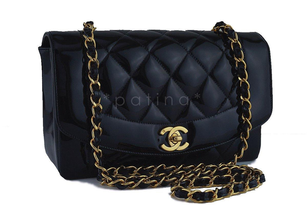 Chanel Vintage Black Patent Quilted Classic "Diana" Shoulder Flap Bag 24k gold plated