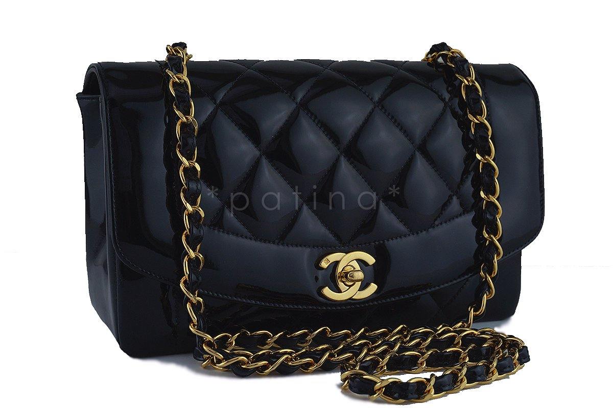 Chanel Vintage Black Patent Quilted Classic "Diana" Shoulder Flap Bag 24k gold plated