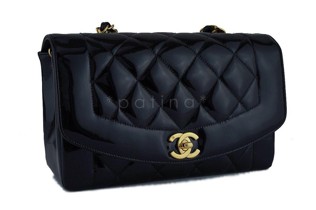 Chanel Vintage Black Patent Quilted Classic "Diana" Shoulder Flap Bag 24k gold plated