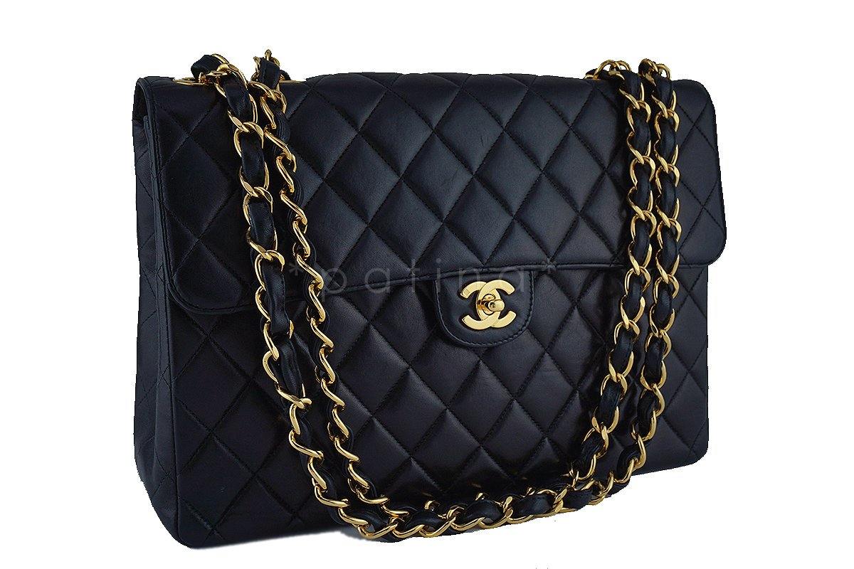 Chanel Black Lambskin Jumbo Quilted Classic 2.55 Flap Bag 24k Gold Plated 9TC