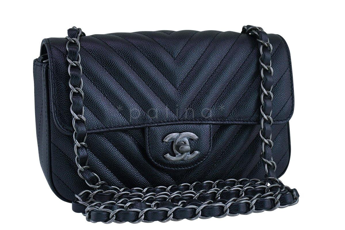 New 17B Chanel Iridescent Black Chevron Caviar Classic Mini 2.55 Flap Bag