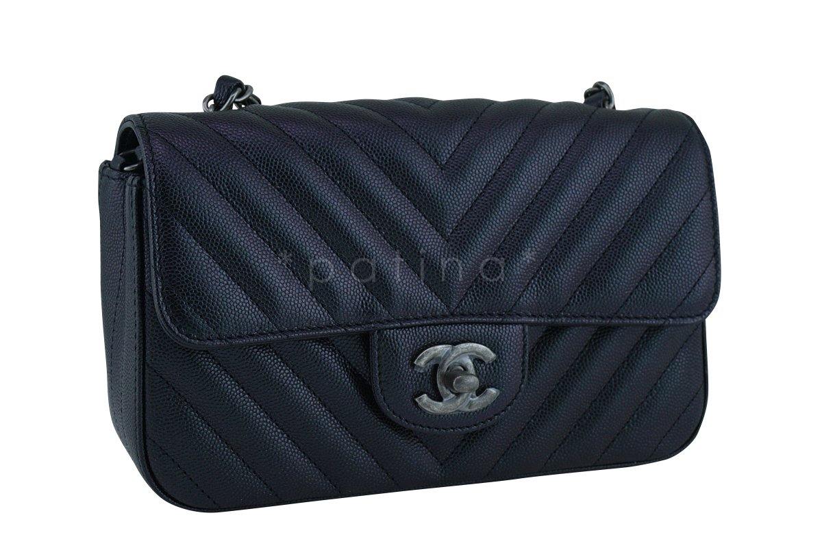 New 17B Chanel Iridescent Black Chevron Caviar Classic Mini 2.55 Flap Bag