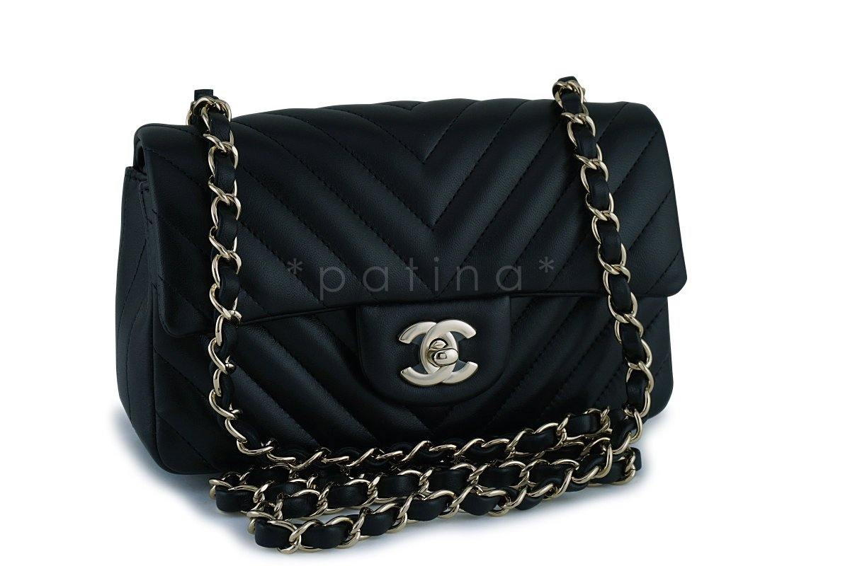 New Chanel Black Chevron Classic Quilted Rectangular Mini 2.55 Flap Bag
