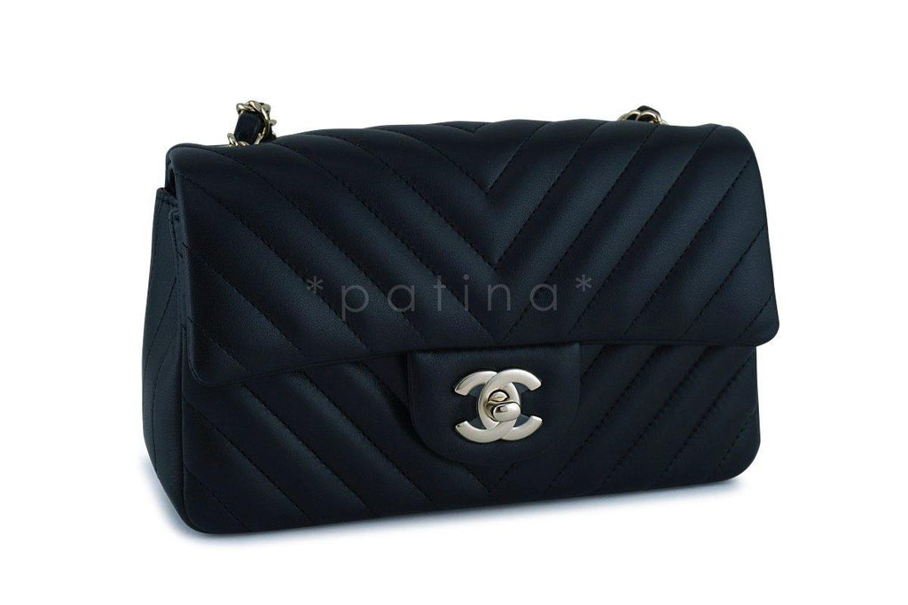 New Chanel Black Chevron Classic Quilted Rectangular Mini 2.55 Flap Bag