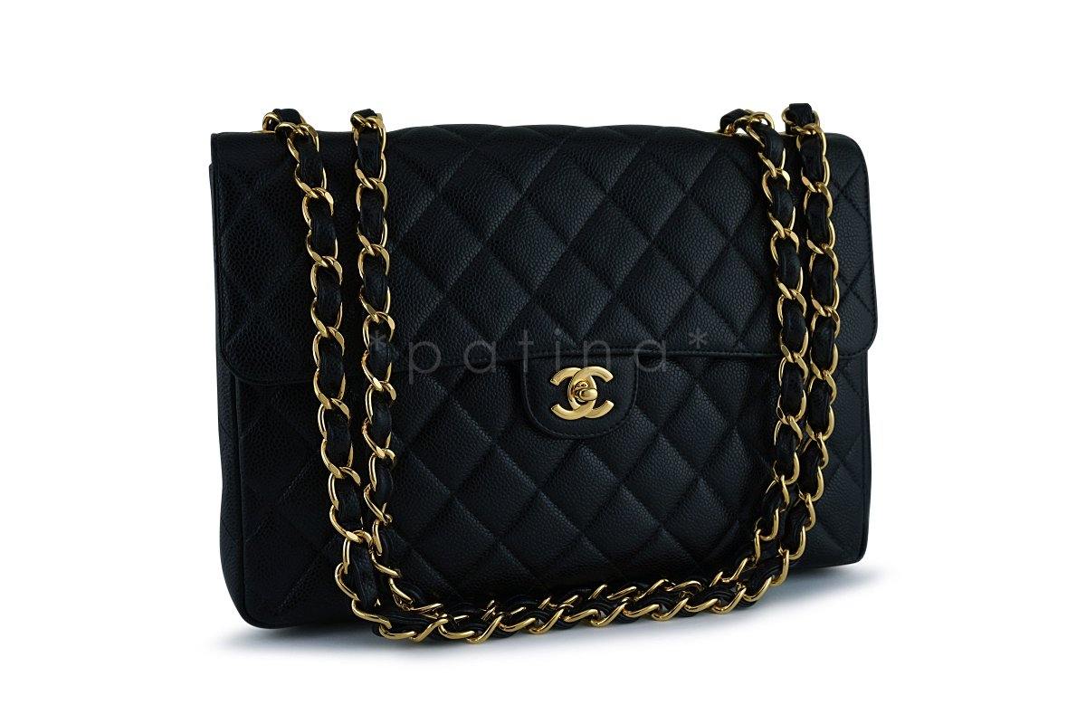Chanel Black Caviar Jumbo Quilted Classic 2.55 Flap Bag 24k gold plated