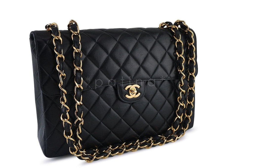 Chanel Black Lambskin Jumbo Quilted Classic 2.55 Flap Bag 24k Gold Plated