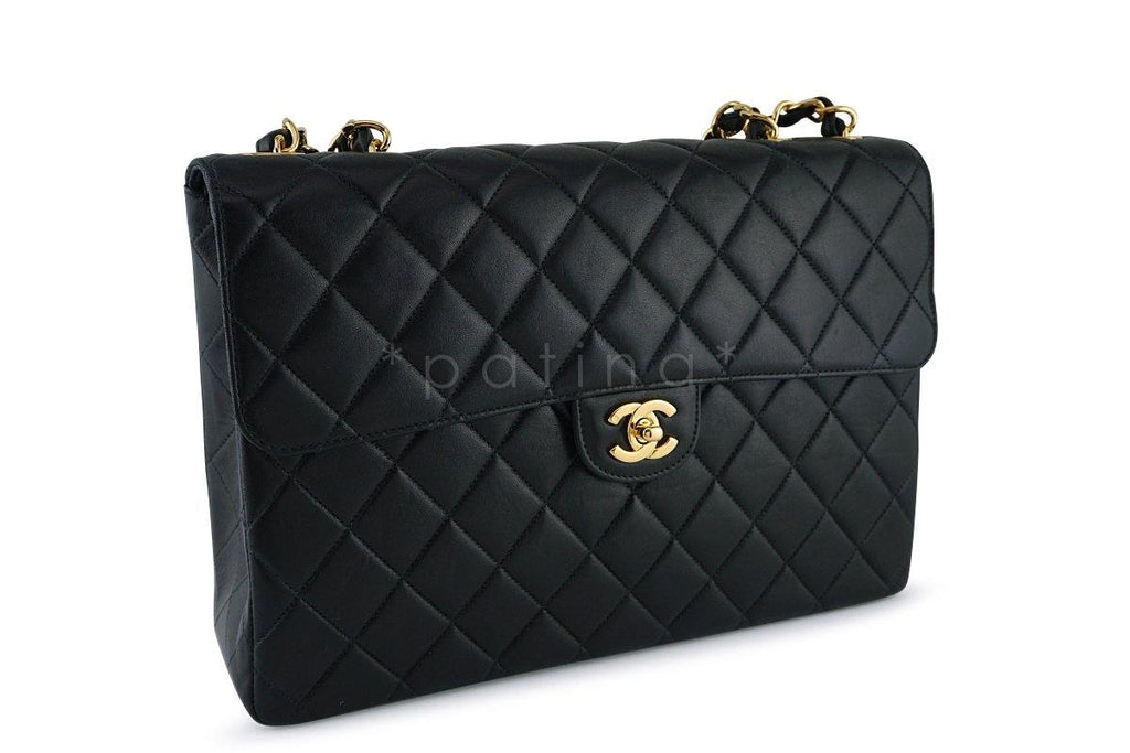 Chanel Black Lambskin Jumbo Quilted Classic 2.55 Flap Bag 24k Gold Plated