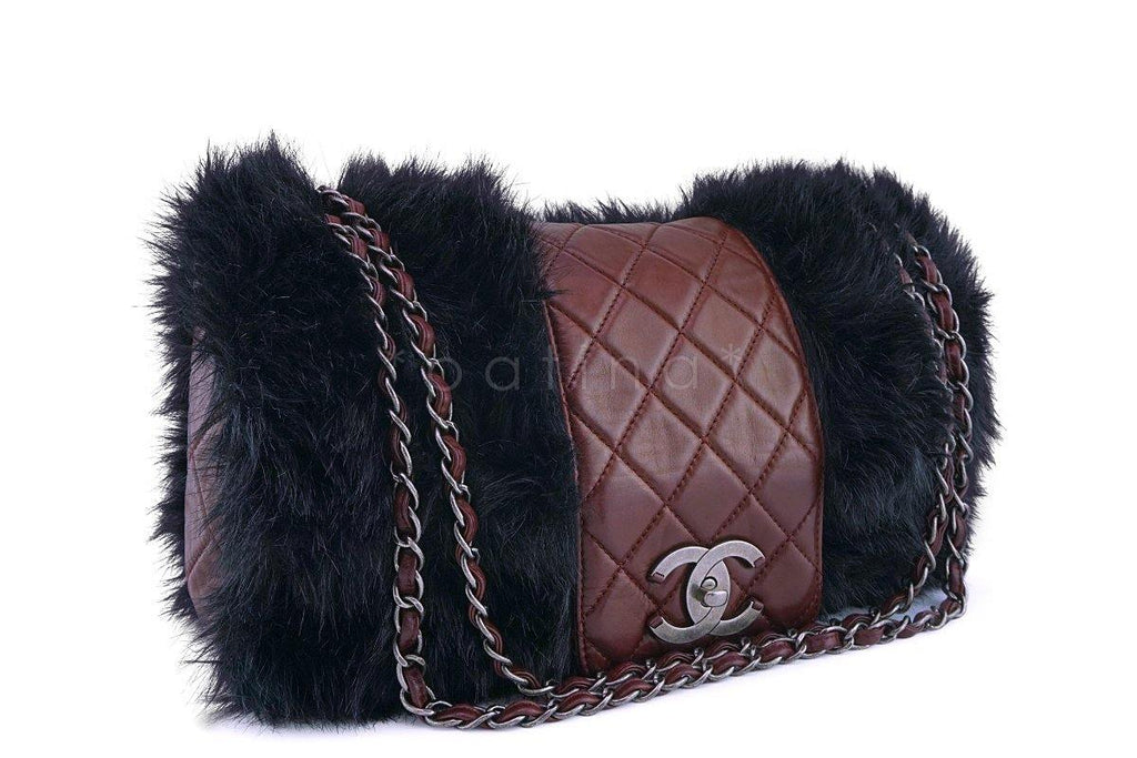 Chanel Burgundy Maxi XL Jumbo Quilted Classic Fantasy Fur Flap Bag