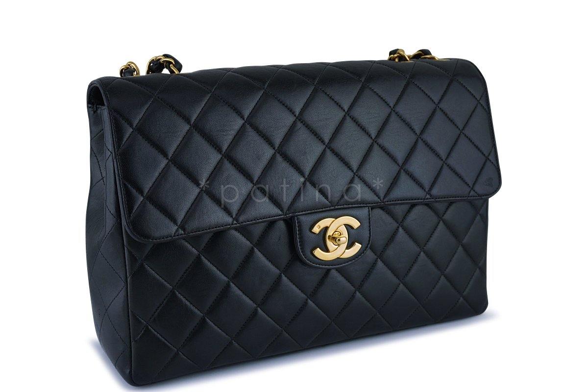 Chanel Black Lambskin Jumbo Quilted Classic 2.55 Flap Bag 24k Gold Plated