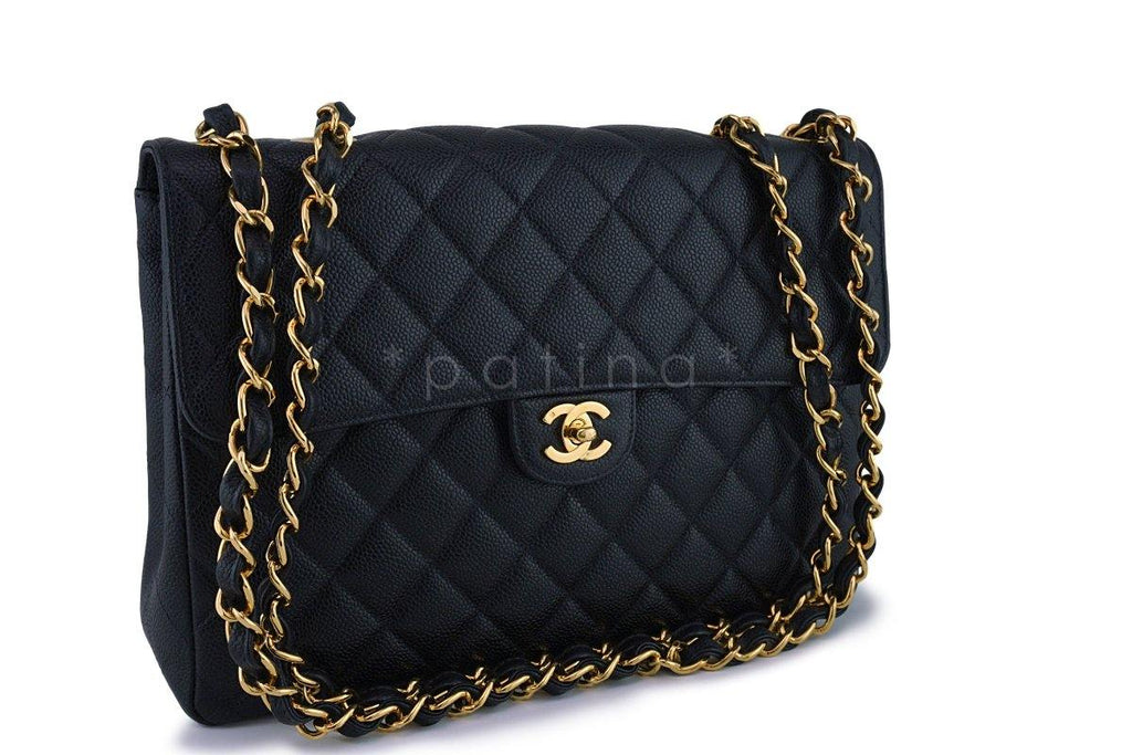 Chanel Black Caviar Jumbo Quilted Classic 2.55 Flap Bag 24k gold plated