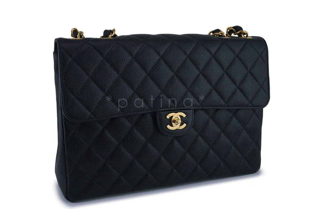 Chanel Black Caviar Jumbo Quilted Classic 2.55 Flap Bag 24k gold plated