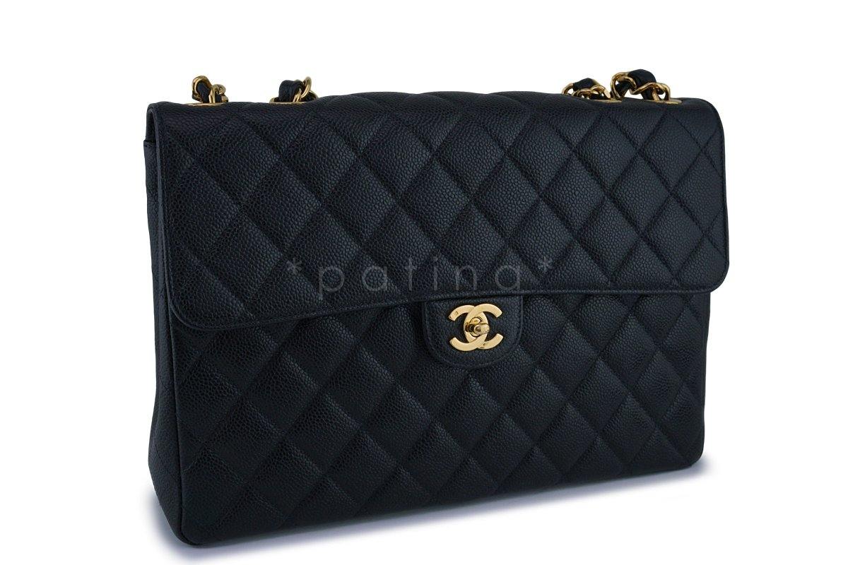 Chanel Black Caviar Jumbo Quilted Classic 2.55 Flap Bag 24k gold plated