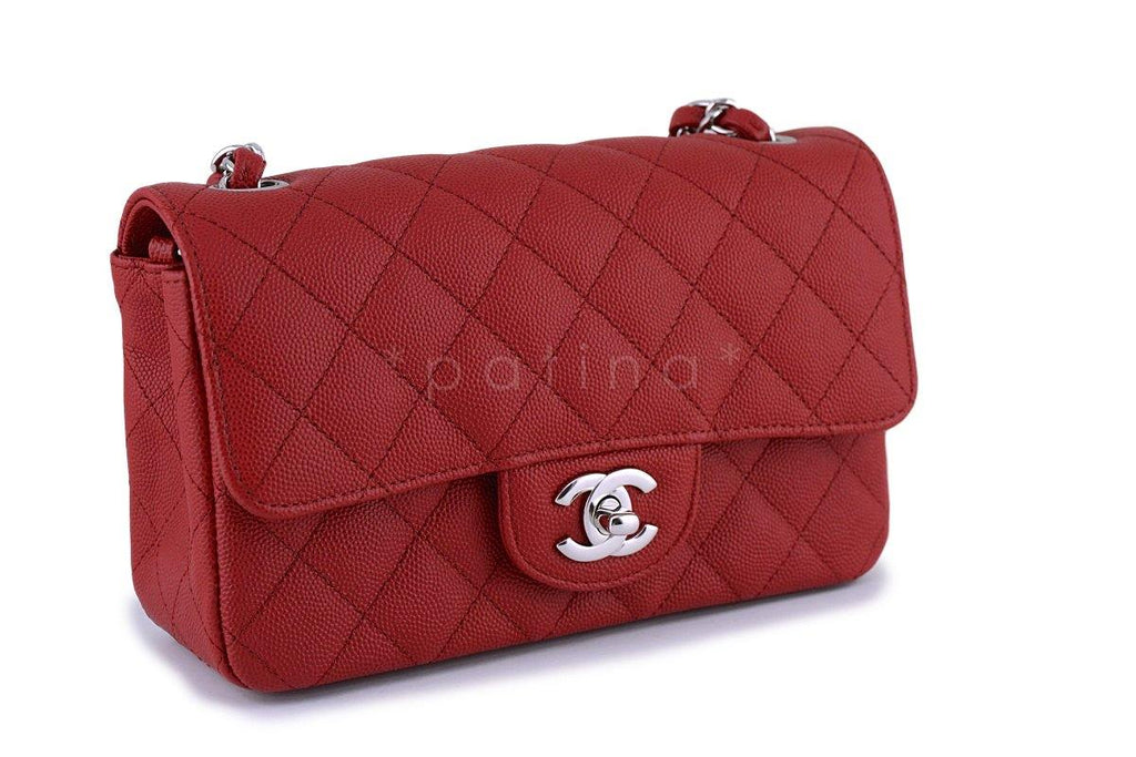 New 18C Chanel Red Caviar Classic Quilted Rectangular Mini 2.55 Flap Bag