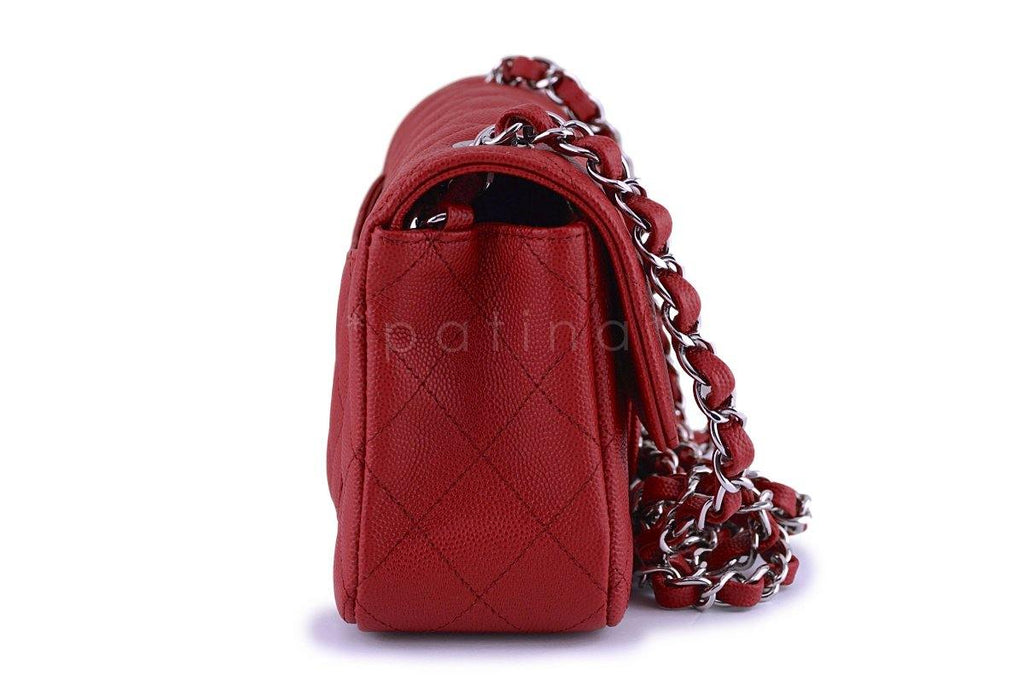 New 18C Chanel Red Caviar Classic Quilted Rectangular Mini 2.55 Flap Bag