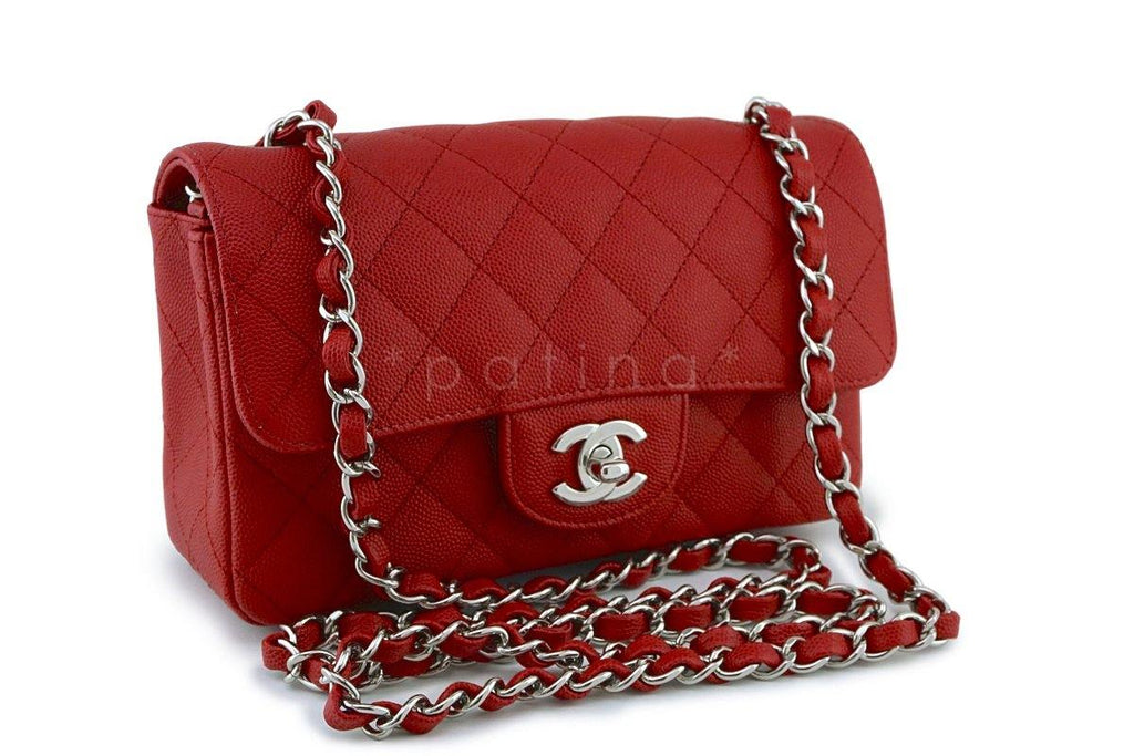 New 18C Chanel Red Classic Quilted Rectangular Mini 2.55 Flap Bag SHW