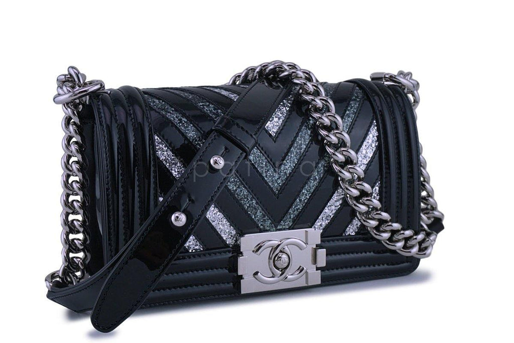 17K Chanel Black Glitter Chevron Patent Boy Flap Small Bag