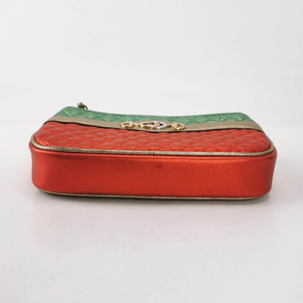 Gucci Red Green Mini Metallic Laminated Trapuntata Leather Horsebit Clutch Pouch
