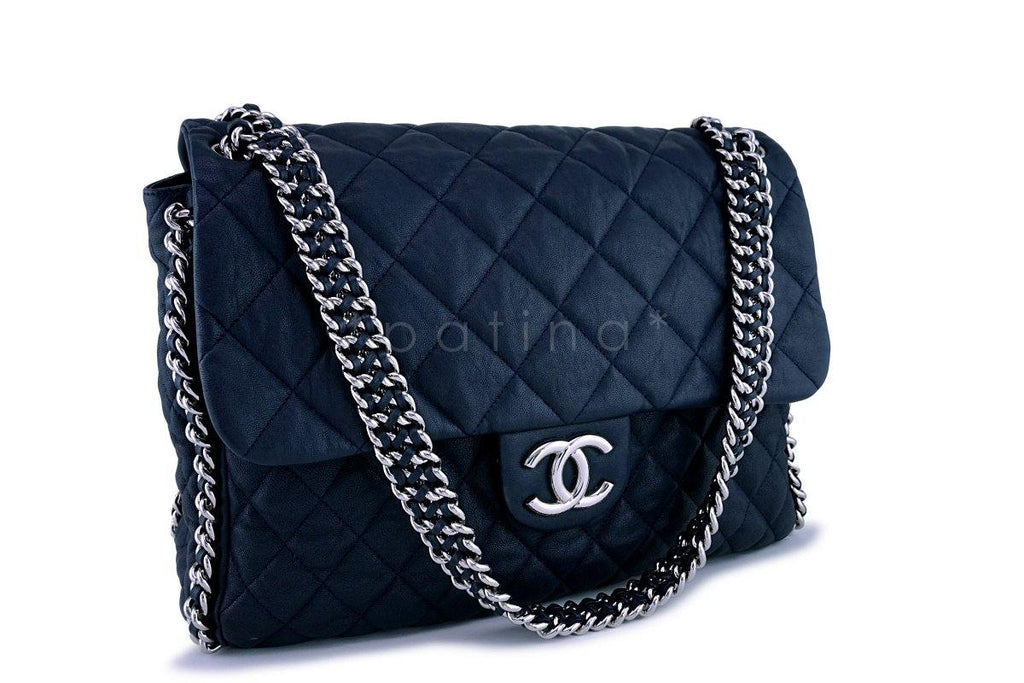 Chanel Navy Blue-Black Chain Around Maxi Luxe Flap Bag