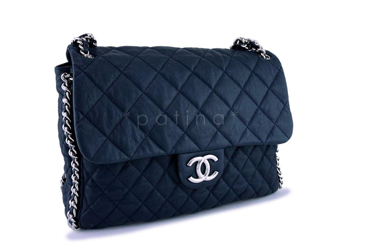 Chanel Navy Blue-Black Chain Around Maxi Luxe Flap Bag