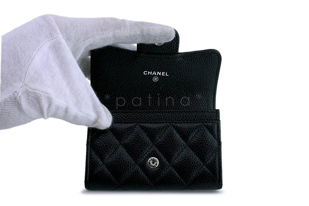 NWT Chanel Black Caviar Compact Flap Snap Card Holder Wallet Case