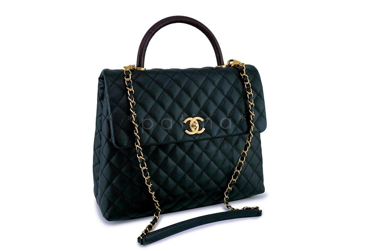 Chanel Black Caviar/Lizard Coco Handle Shoulder Flap Kelly 2-Way Tote Bag